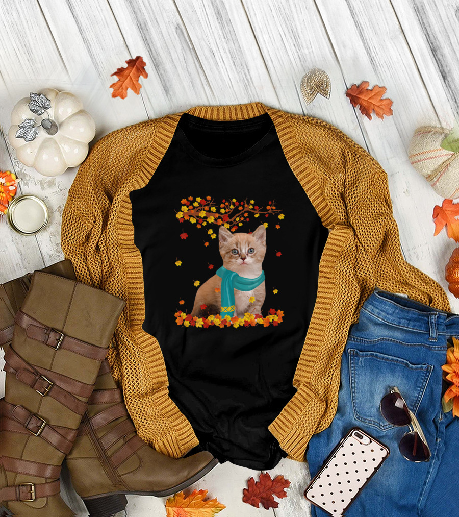Munchkin Cat in Autumn Leaves with Scarf Thanksgiving Fun T-Shirt