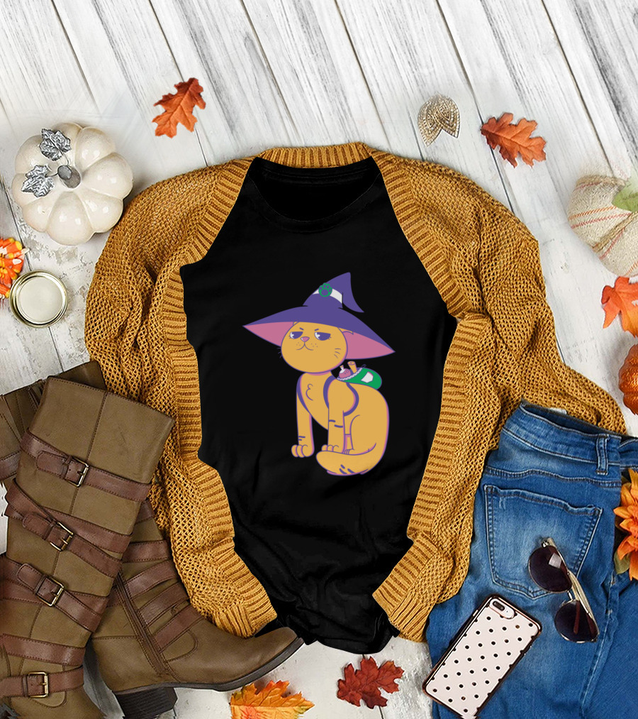 Witchy Cat with Purple Hat and Mouse Companion T-Shirt
