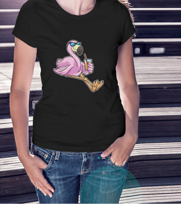 Flamingo Sipping Drink Through Straw With Sunglasses T-Shirt