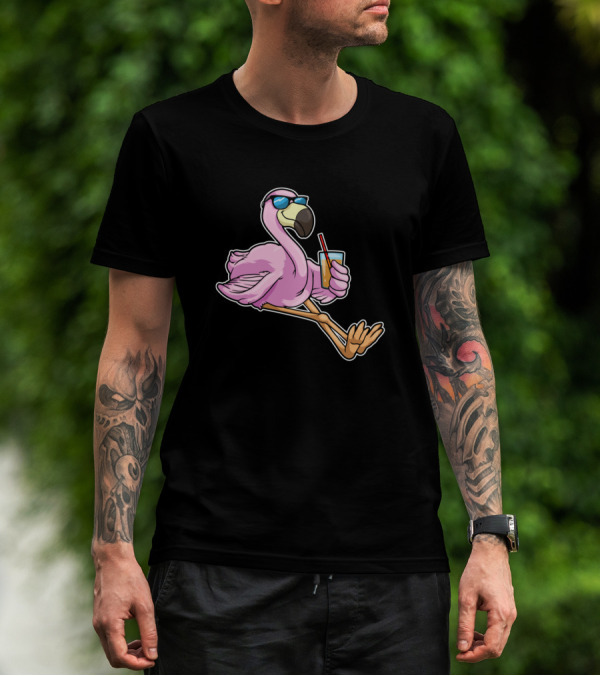 Flamingo Sipping Drink Through Straw With Sunglasses T-Shirt