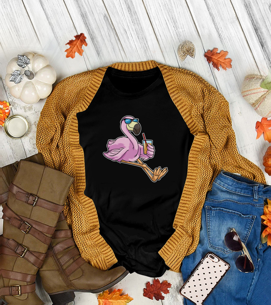 Flamingo Sipping Drink Through Straw with Sunglasses T-Shirt
