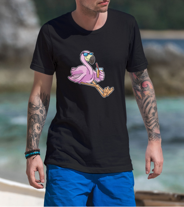 Flamingo Sipping Drink Through Straw With Sunglasses T-Shirt