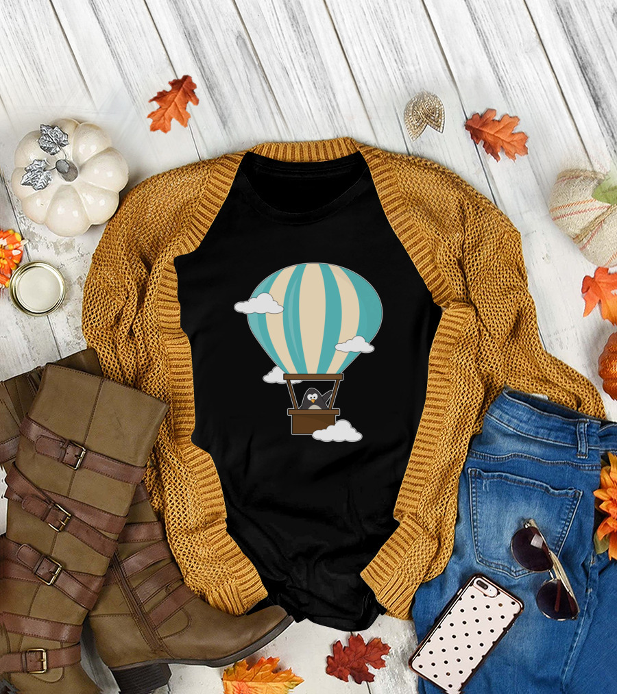 Penguin Flying in Striped Hot Air Balloon Among Clouds T-Shirt