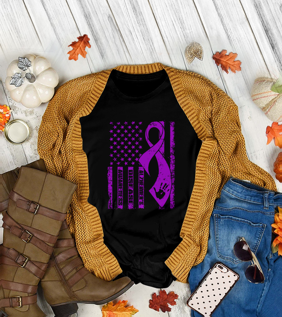 Alzheimers Disease Awareness Purple Ribbon Flag with Handprint T-Shirt