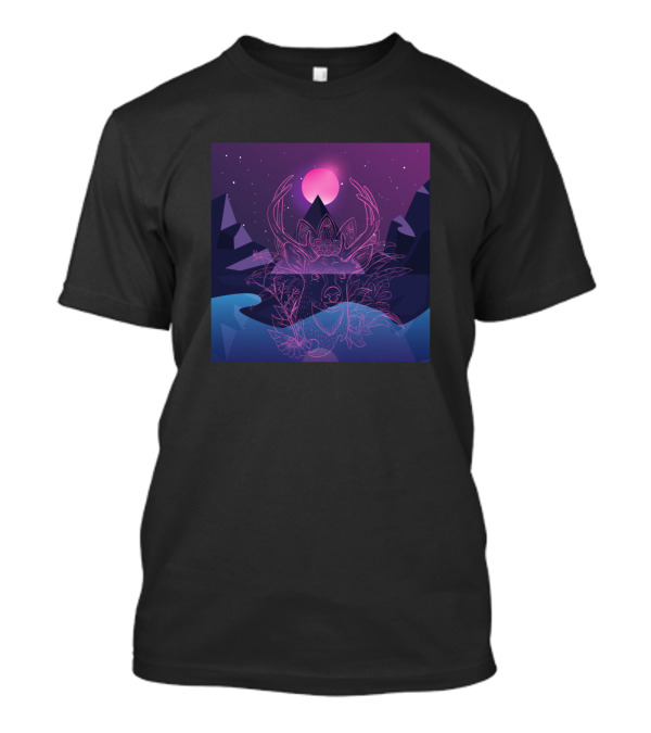 Retro Sunset Stag With Neon Antlers And Mountains T-Shirt