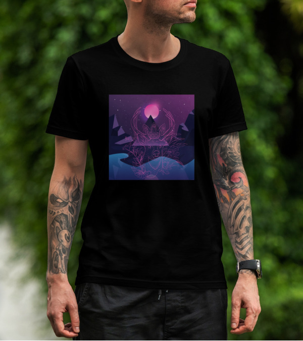 Retro Sunset Stag With Neon Antlers And Mountains T-Shirt