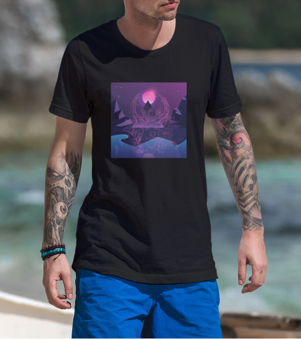 Retro Sunset Stag With Neon Antlers And Mountains T-Shirt