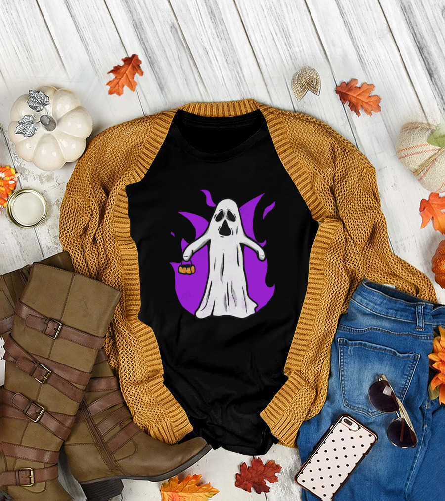 Give Me All Your Cookies Ghost with Pumpkin Bucket on Purple Flame Background T-Shirt