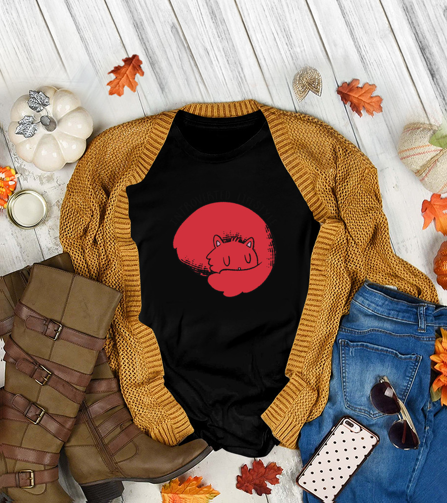 Introverted Lifestyle Sleeping Cat Cartoon T-Shirt
