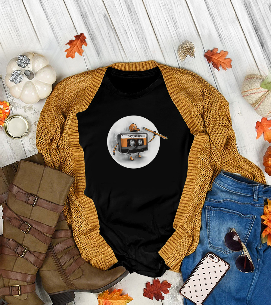 Rewind Cassette Tape Character with Pencil Hat T-Shirt