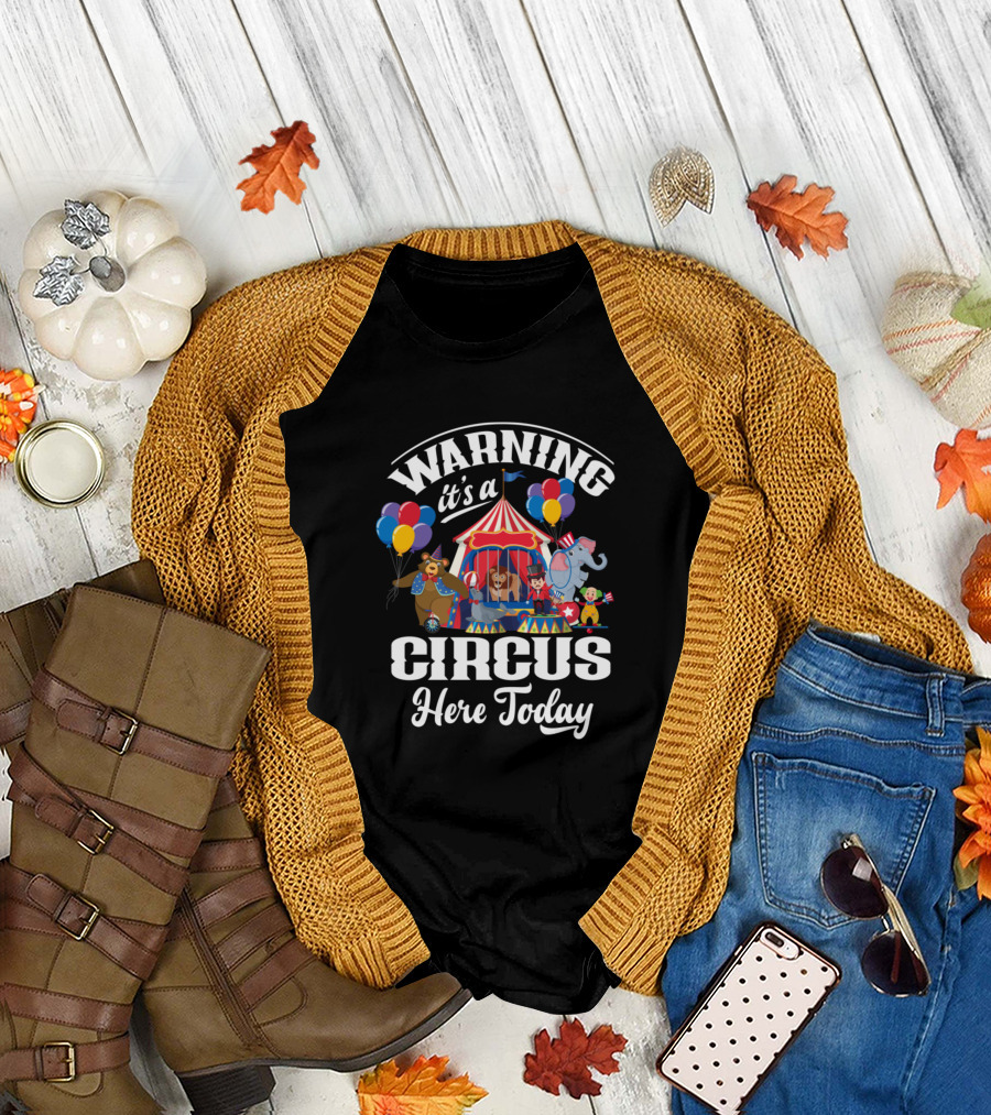Warning It's a Circus Here Today Kids Birthday Party with Balloons and Animals T-Shirt