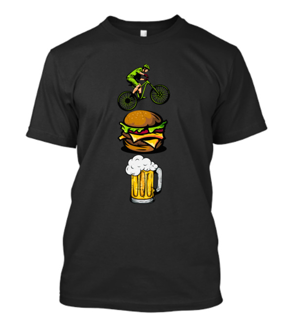 Cyclist Riding Bike Above Delicious Burger And Cold Beer T-Shirt