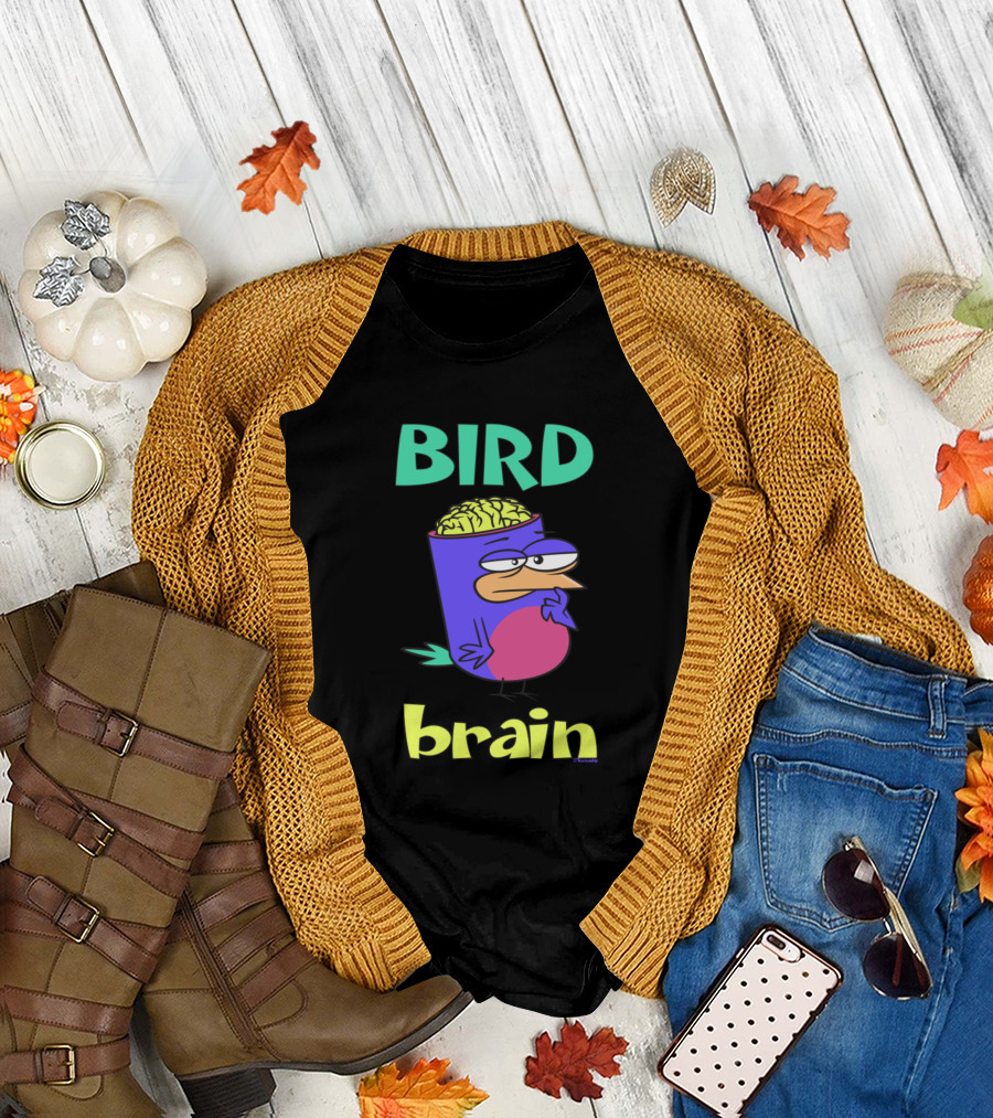 BIRDBRAIN Bird Lovers Graphic with Cartoon Bird and Brain Elements T-Shirt