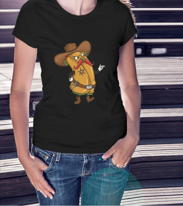 Burrito Cowboy Sheriff Chili Mustache Cinco De Mayo Cartoon T-Shirt