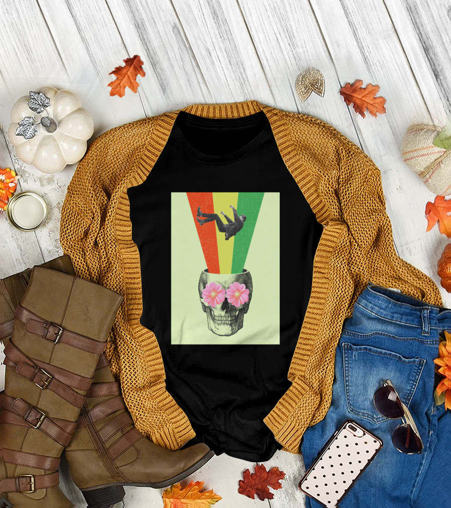 Falling Skull with Flowers and Rainbow Beams T-Shirt
