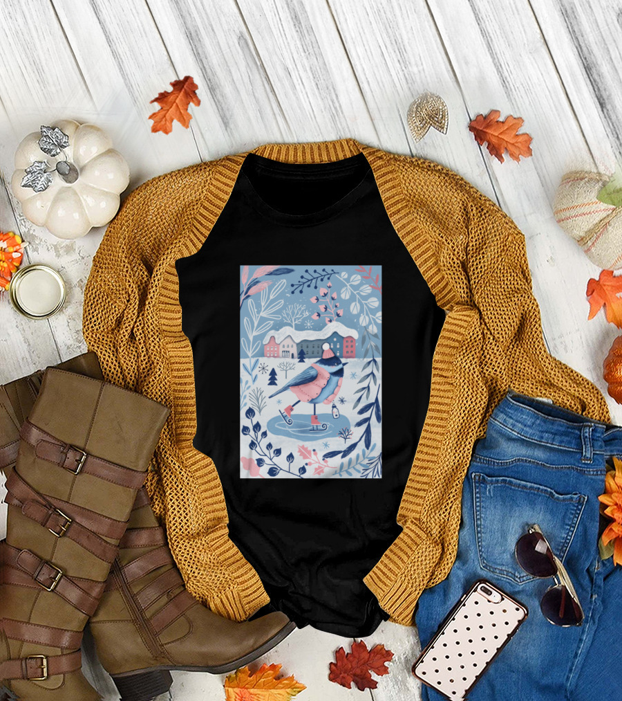 Winter Chickadee Skating in Snowy Village with Floral Frame T-Shirt