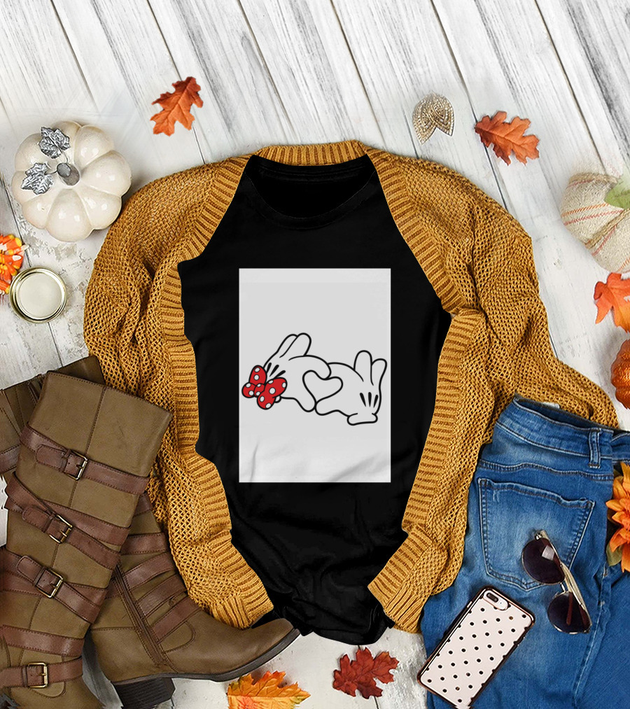 Mickey Minnie Love Heart Hands with Red Polka Dot Bow T-Shirt