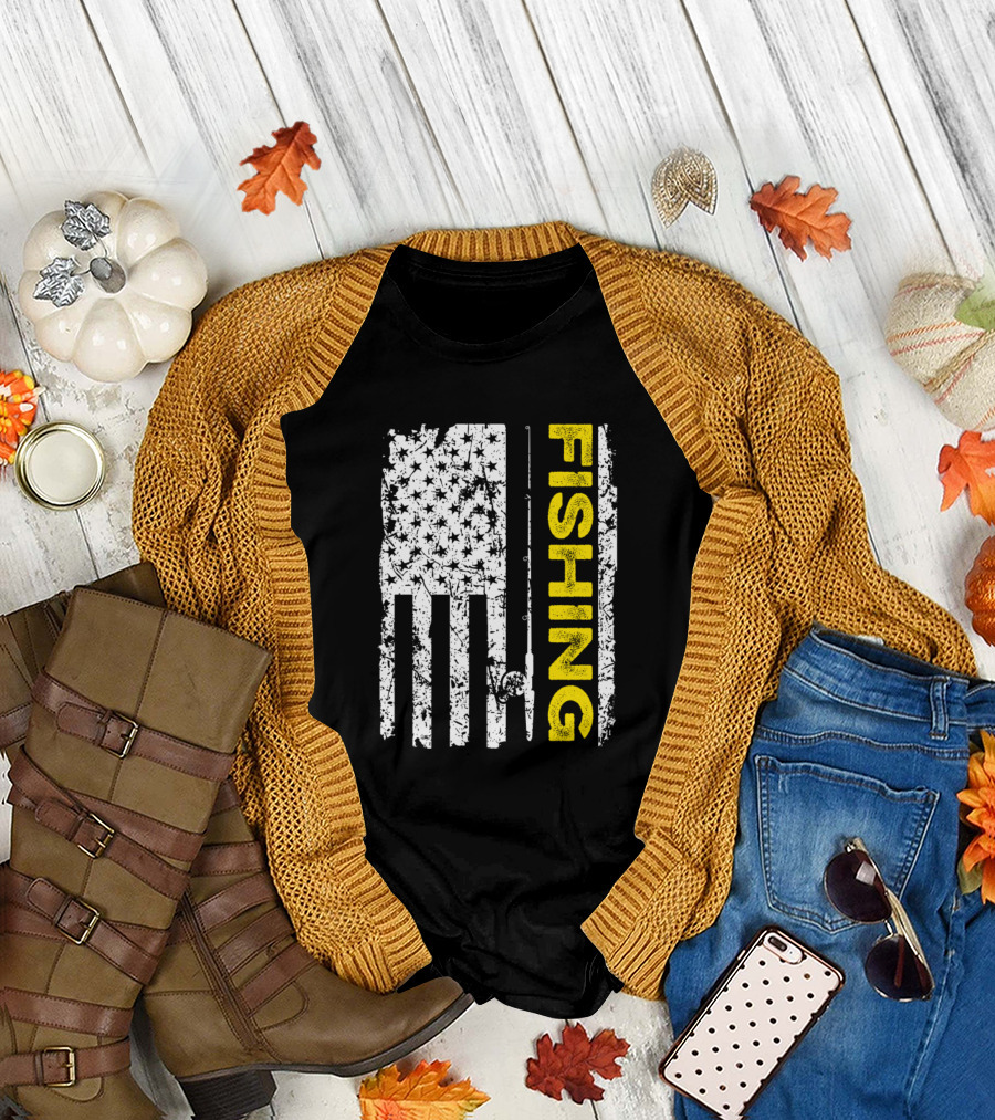American Flag Fishing Rod Patriotic USA Fishing T-Shirt