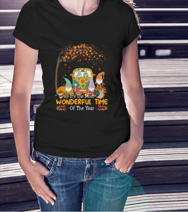 It's The Most Wonderful Time Of The Year Gnomes Autumn Scene With Leaves And Van T-Shirt
