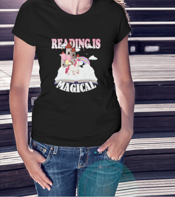 Reading Is Magical Book Lover Unicorn Castle Rainbow T-Shirt