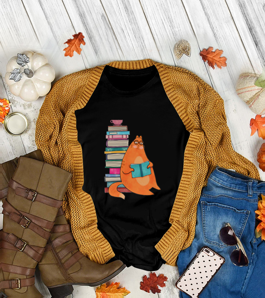 Orange Cat Reading Next to Towering Stack of Books and Teacup T-Shirt