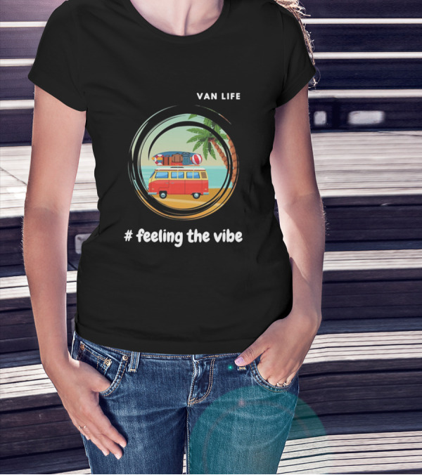 Van Life Beach Vibe With Retro Red Van And Palm Trees T-Shirt
