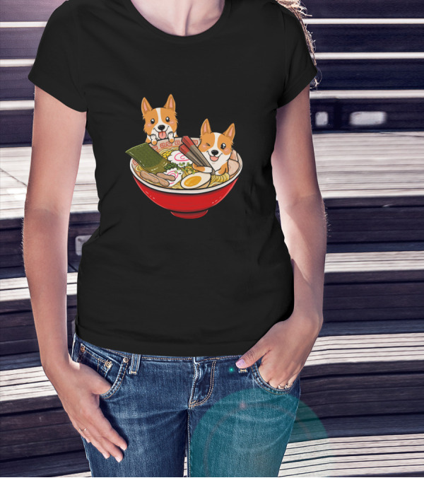 Funny Corgi Dogs In Japanese Ramen Bowl T-Shirt