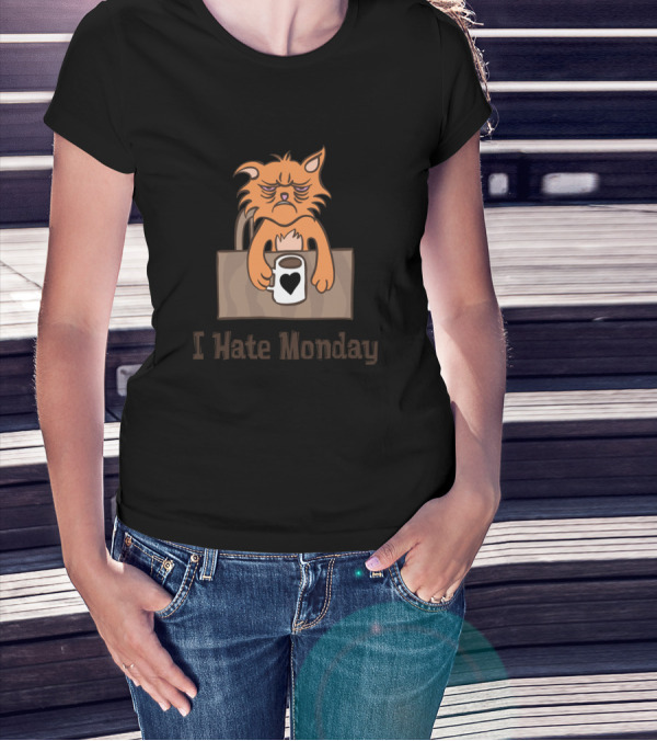 I Hate Monday Tired Cat Coffee Humor T-Shirt