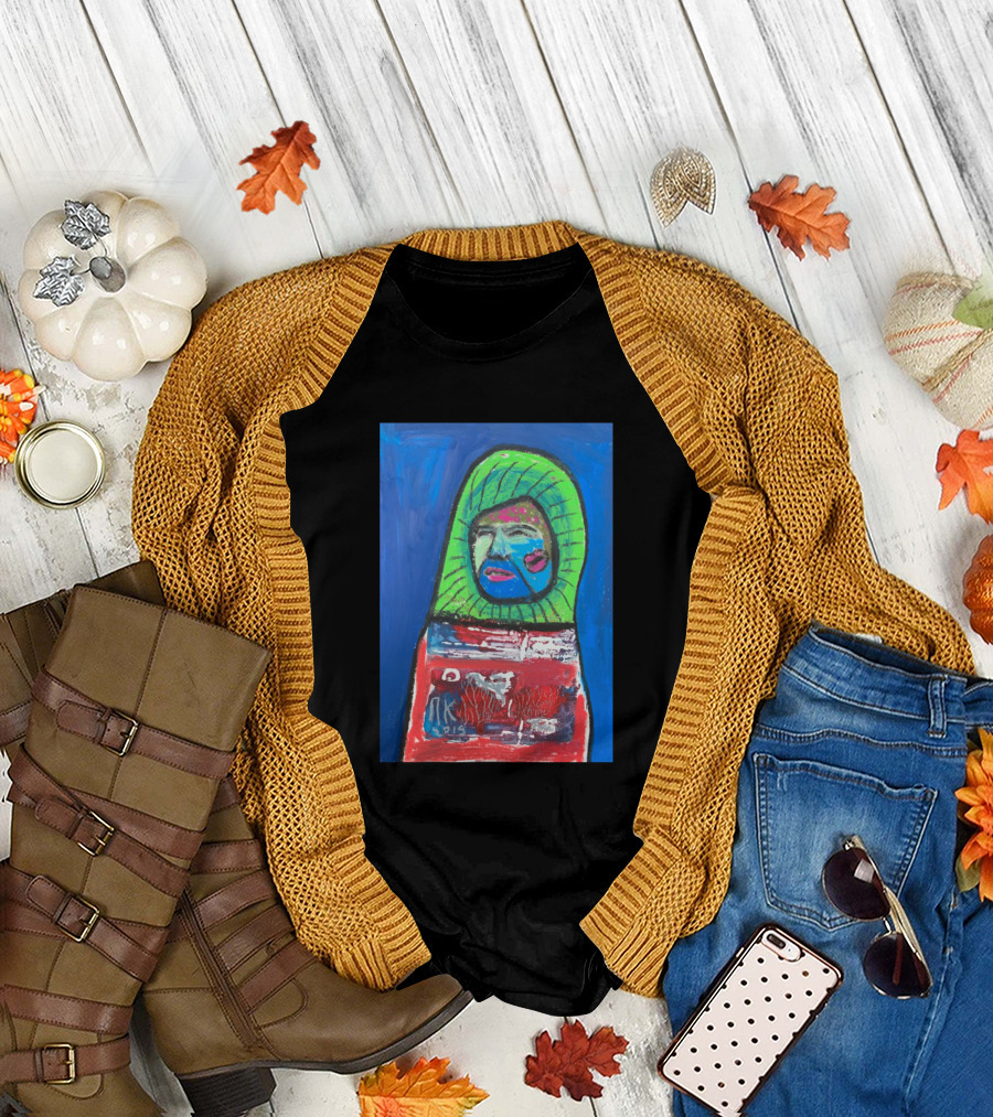 Kissed Vibrant Abstract Figure with Green Hood and Colorful Face T-Shirt