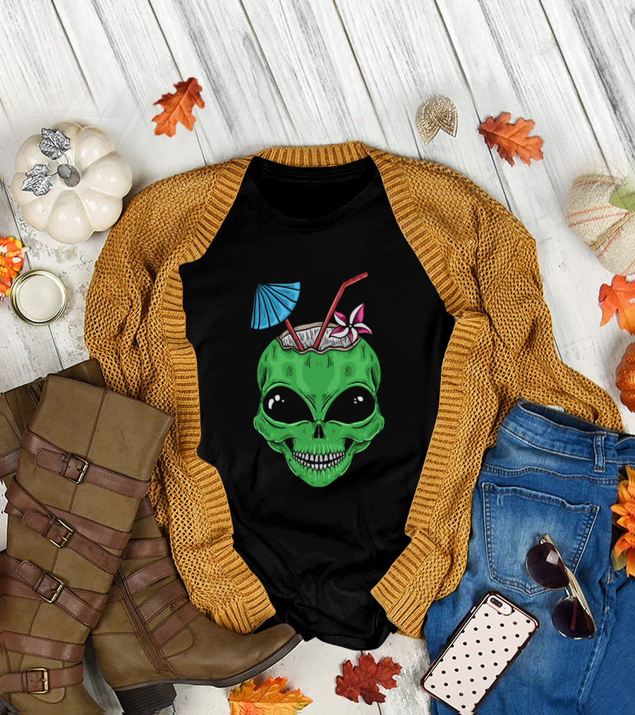 Alien Skull Coconut Drink with Umbrella and Flower T-Shirt