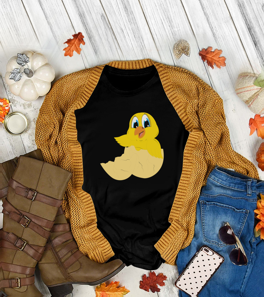 Happy Cartoon Chick in Cracked Yellow Eggshell Motif T-Shirt