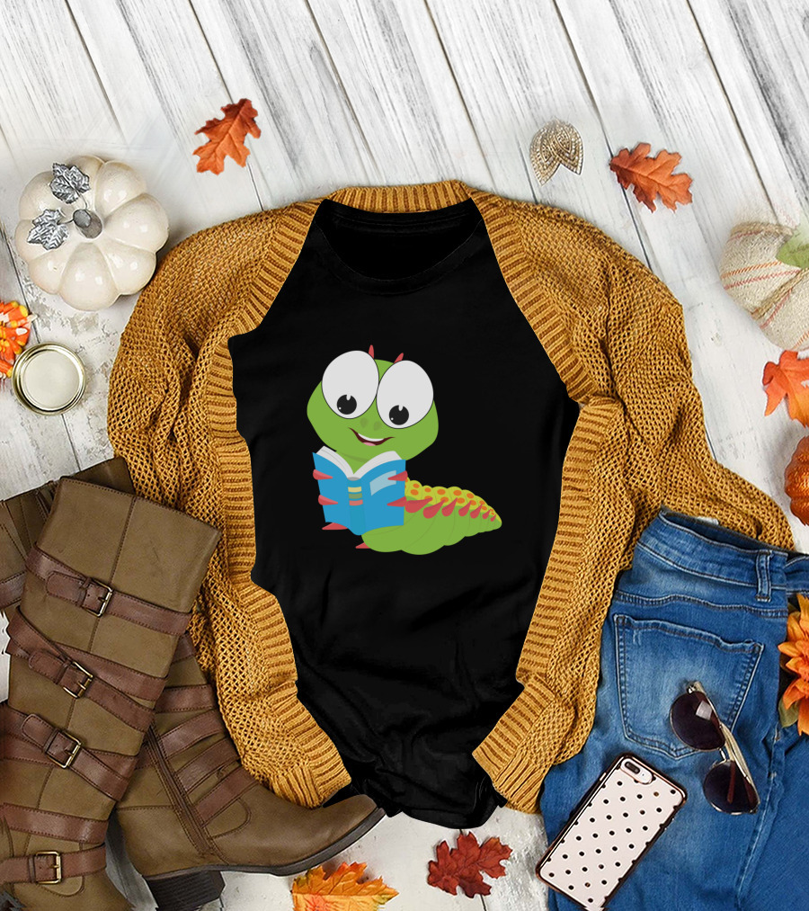 Kids Cartoon Caterpillar with Book Motif T-Shirt