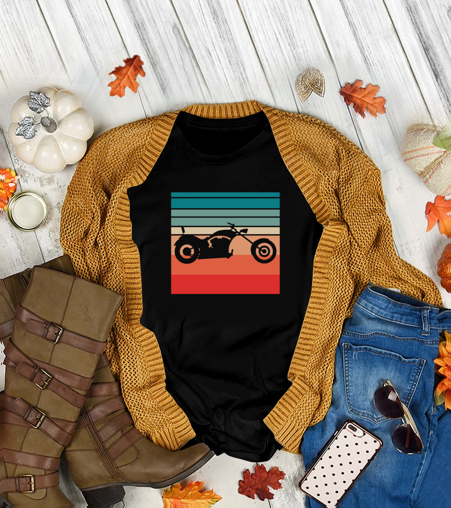 Retro Chopper Sunset Motorcycle Silhouette Stripes T-Shirt
