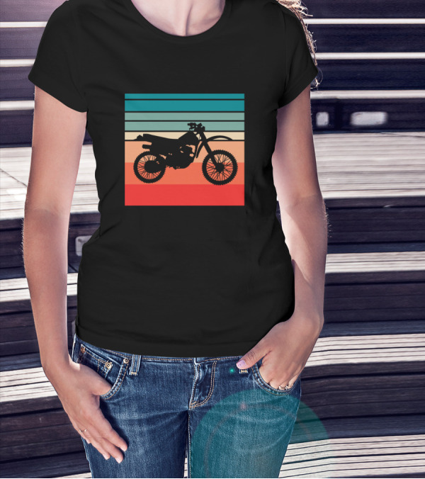 Retro Dirt Bike Silhouette On Striped Sunset Background T-Shirt