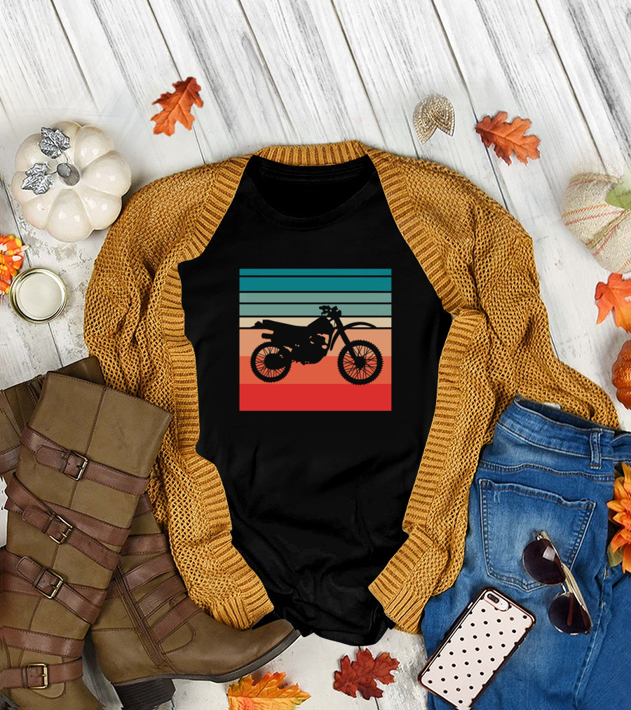 Retro Dirt Bike Silhouette on Striped Sunset Background T-Shirt