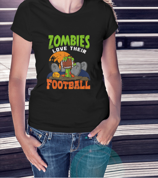 Zombies Love Their Football Halloween Graveyard Night Scene T-Shirt