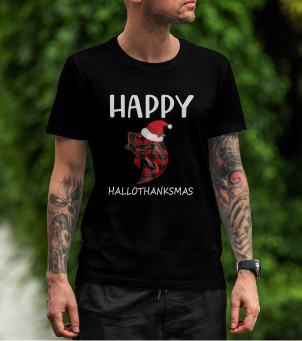 Happy Hallothanksmas Fish With Santa Hat T-Shirt