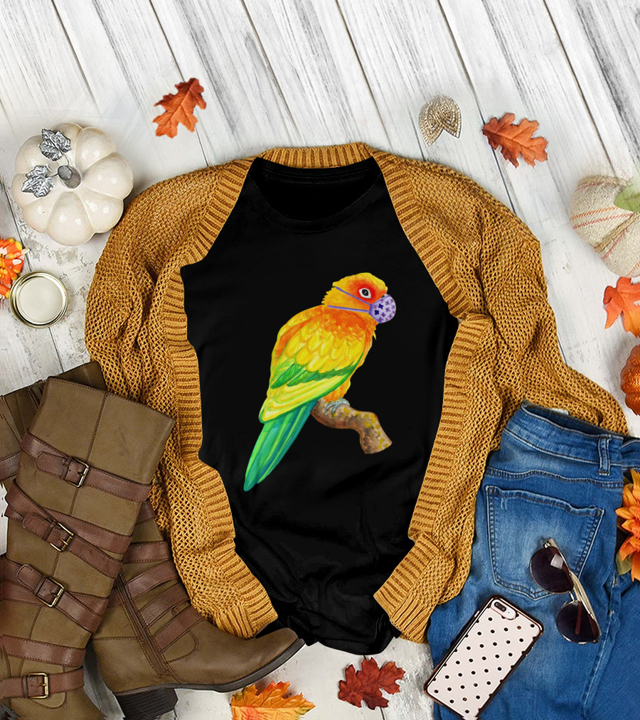 Sun Conure Parrot Wearing Face Mask Watercolor Art Bird Branch Colorful T-Shirt