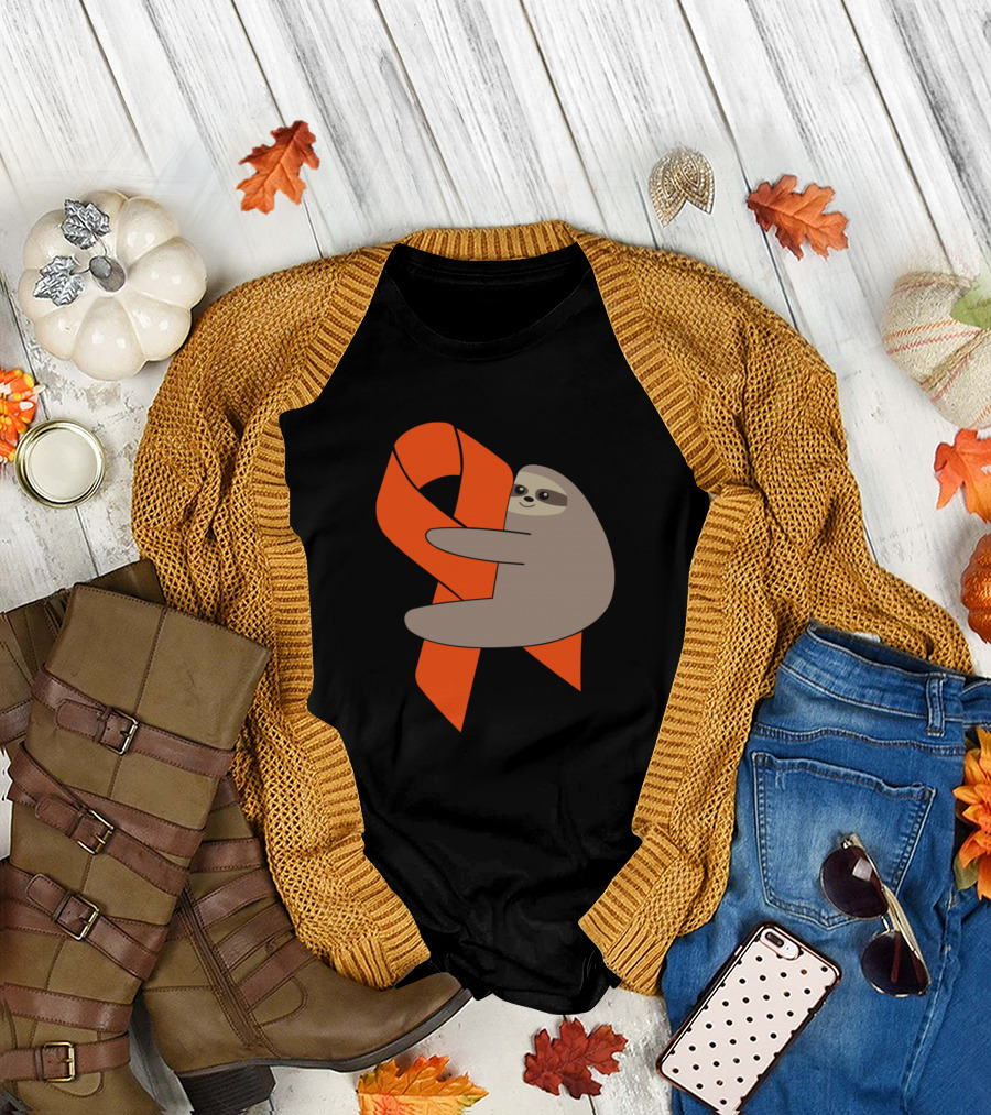 Sloth Hugging Orange Ribbon Multiple Sclerosis Awareness T-Shirt