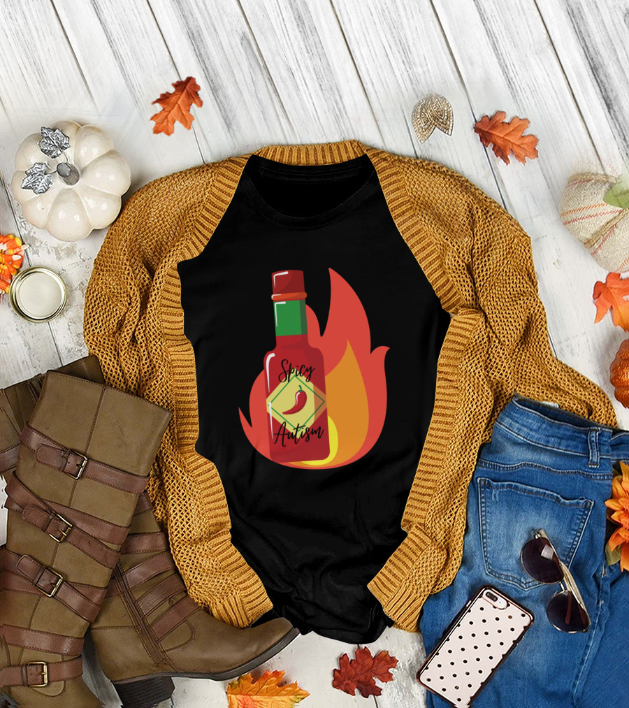 Spicy Autism Flaming Hot Sauce Bottle with Red Pepper Flame T-Shirt