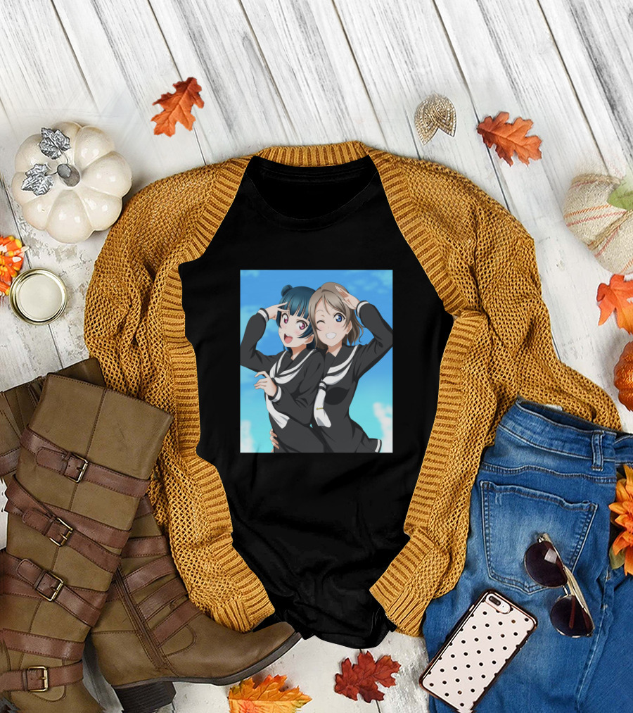 Tsushima Yoshiko and Friends Sailor Uniform Anime Duo Blue Sky Background T-Shirt