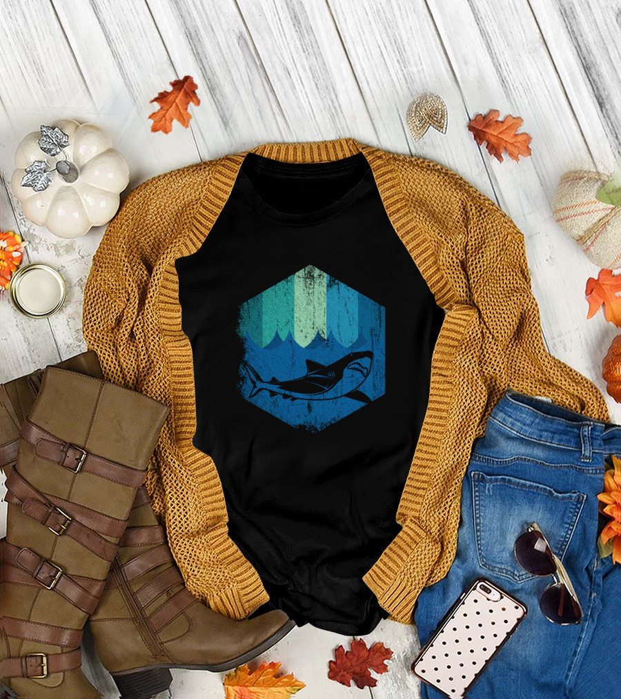 Shark Teeth Underwater Hexagon Ocean Scene T-Shirt