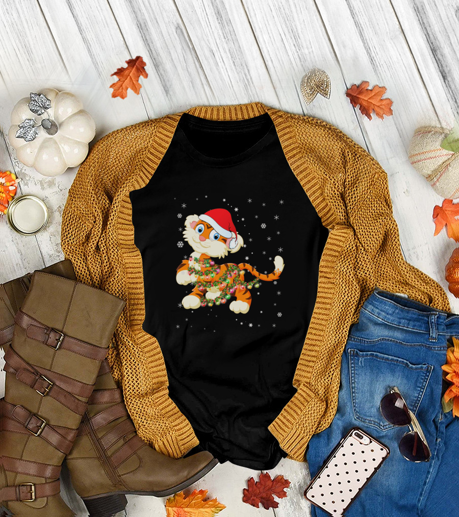 Christmas Tiger with Santa Hat and Holiday Lights T-Shirt