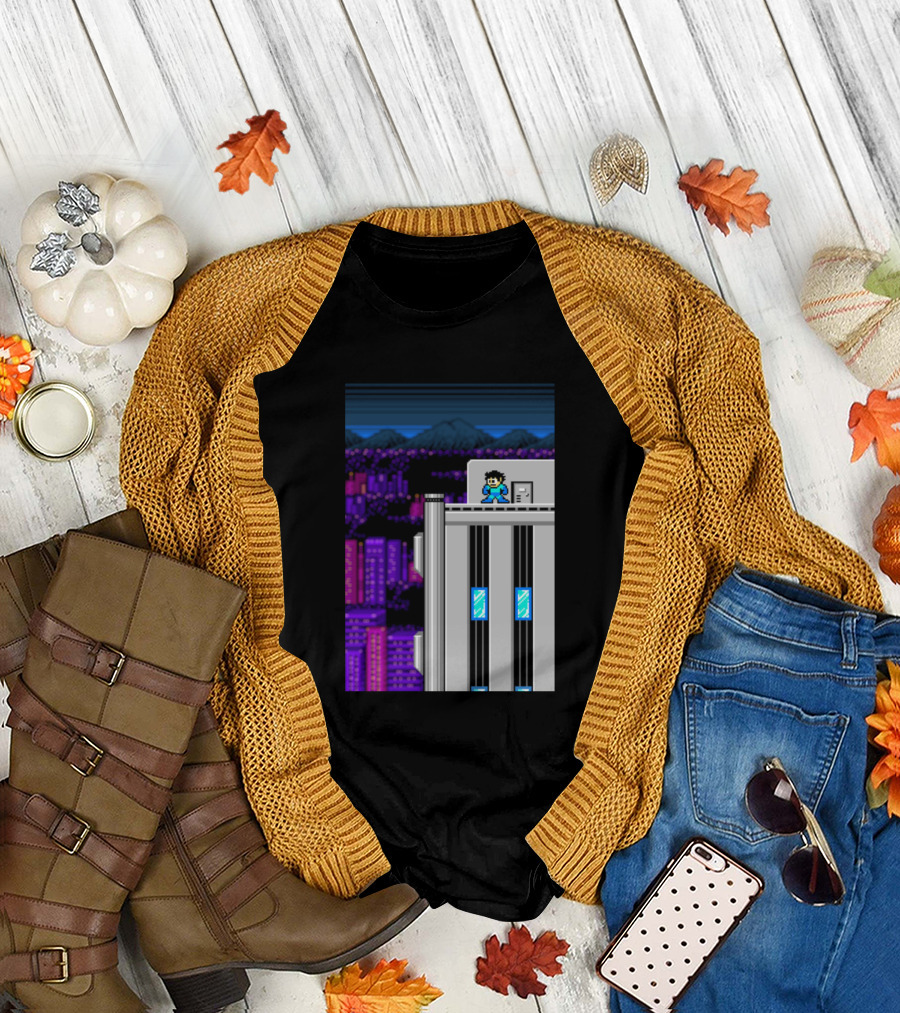 Machine City Retro Pixel Art Rooftop Scene T-Shirt