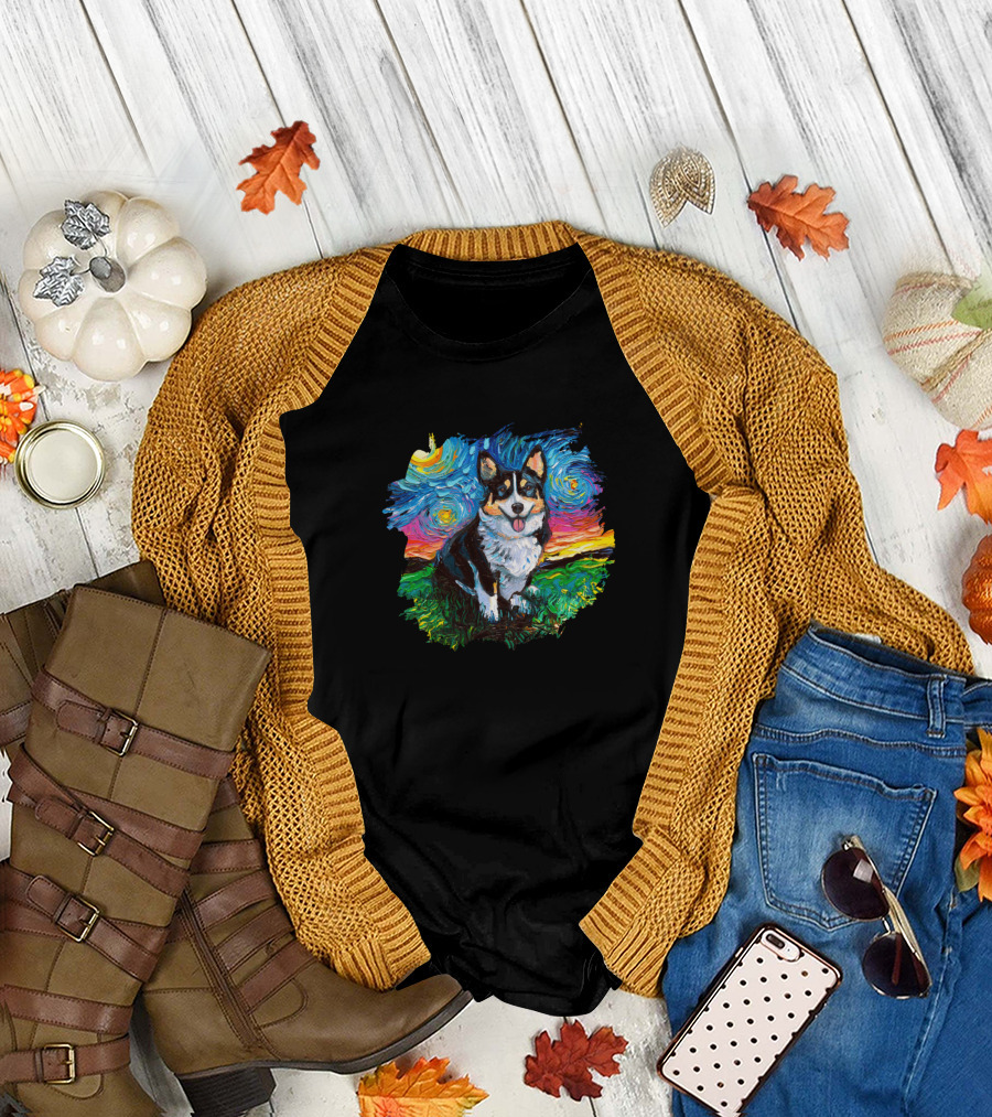 Tri Color Corgi Starry Night Van Gogh Style Painting T-Shirt