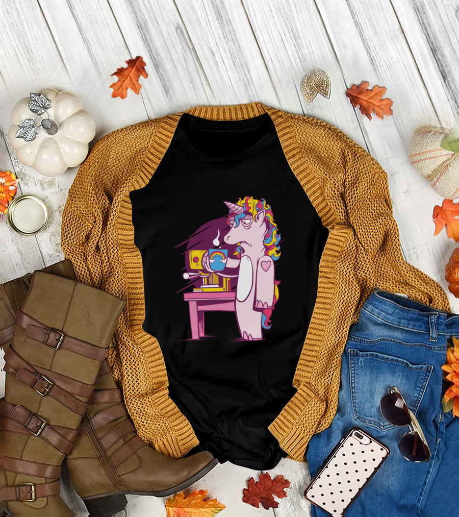 Unicorn with Rainbow Hair Holding Coffee by Espresso Machine T-Shirt