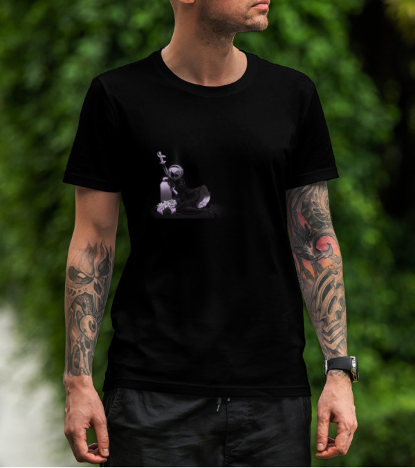 Vague Hope Somber Figure Holding Cross Monochrome T-Shirt