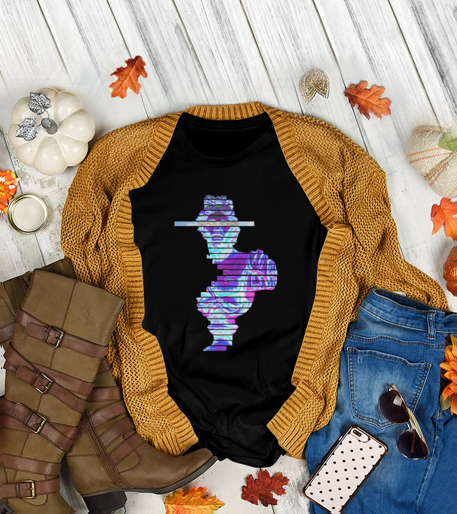 Vaporwave Glitch Aesthetic with Classical Bust and Stripes T-Shirt