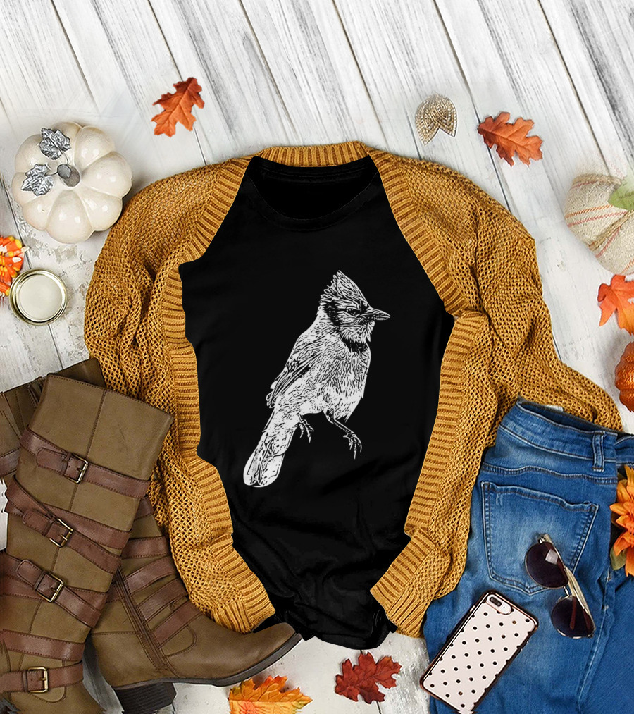 Blue Jay White Bird Sketch T-Shirt