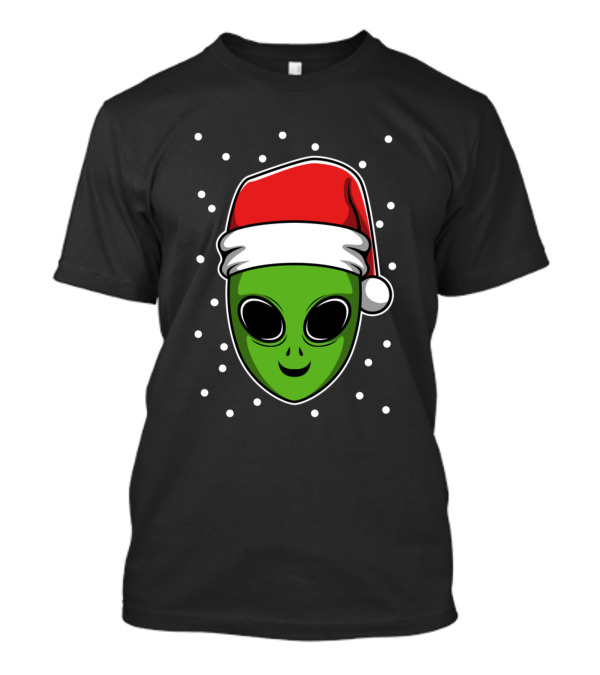 Santa Hat Alien Face Surrounded By Snowdots T-Shirt